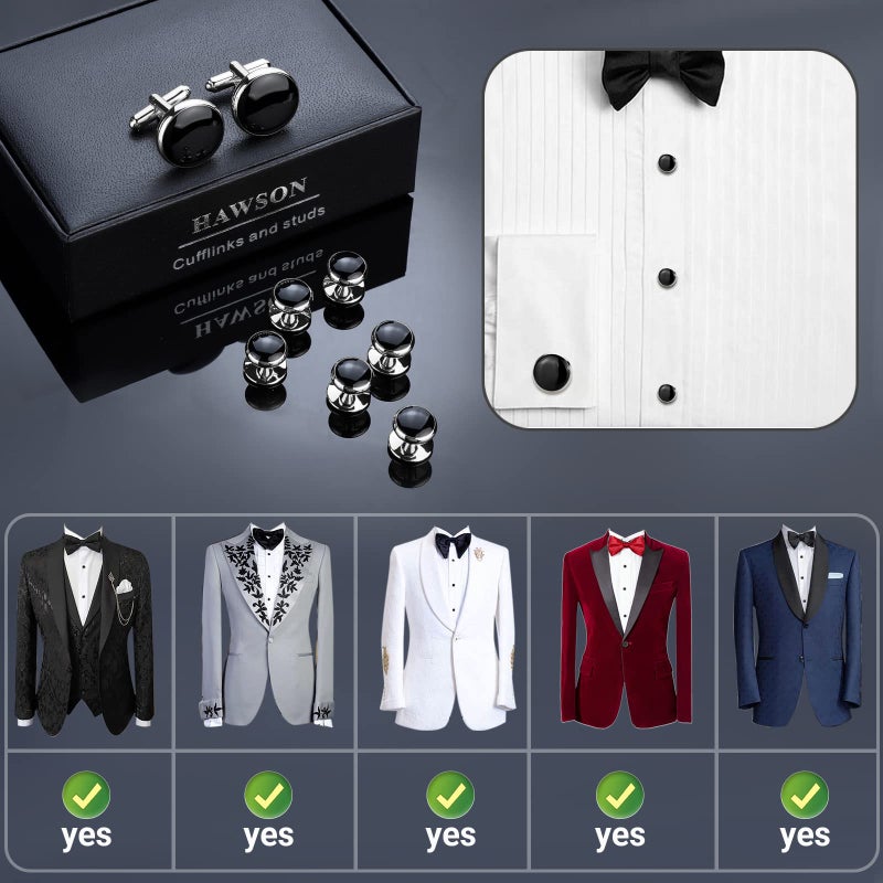 HAWSON Mens Cufflinks and Tuxedo Studs Set with Gift Box; Mens Jewelry or Accessories Suitable for Black Suit White shirts vest and Red Bow tie on Wedding or Anniversary and Birthday - Image 4